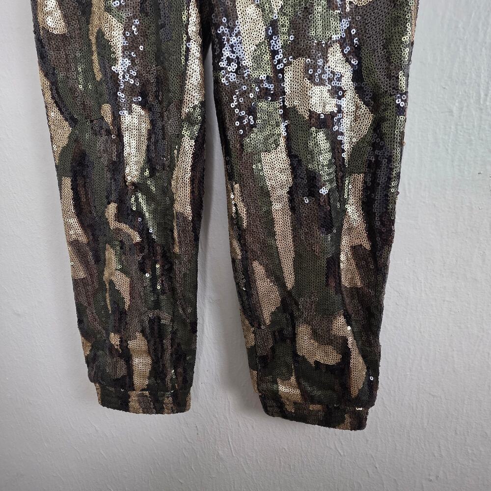 Anthropologie Green Camo Sequin Jogger Pants XS Sparkly Statement Trousers NYE - Picture 10 of 13